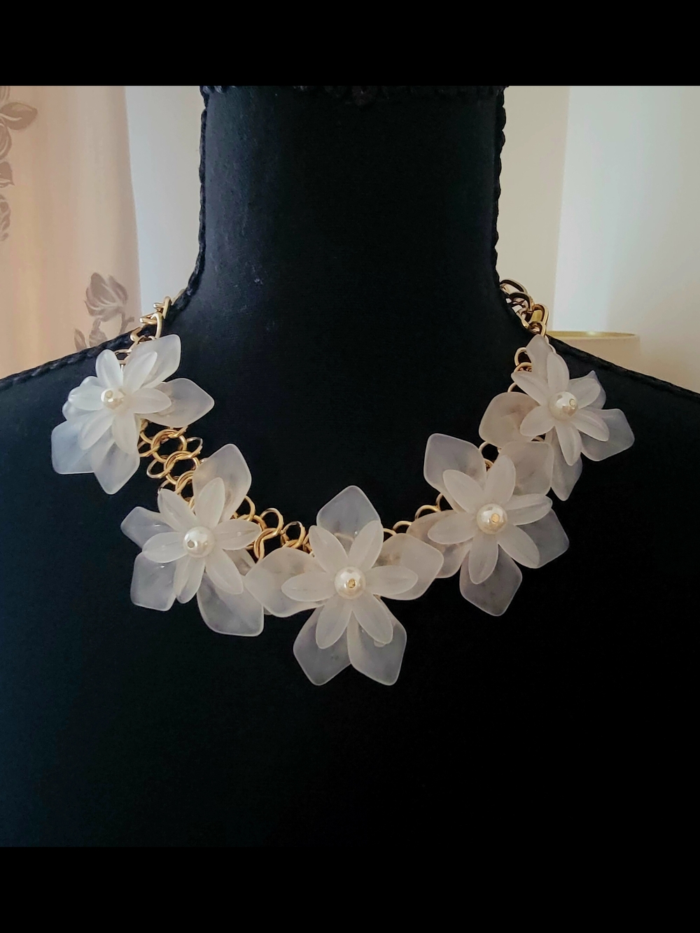 Macy's Frosted White Acrylic Floral Pearl Bib Statement Necklace - Gold Tone